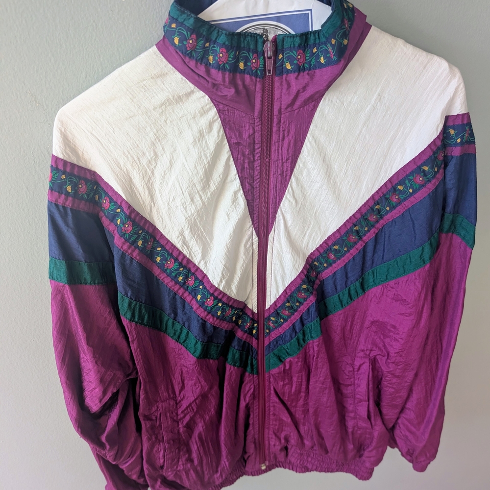 Vintage 80s/90s Colorblock Windbreaker 💜 Purple Teal Chevron Retro Jacket